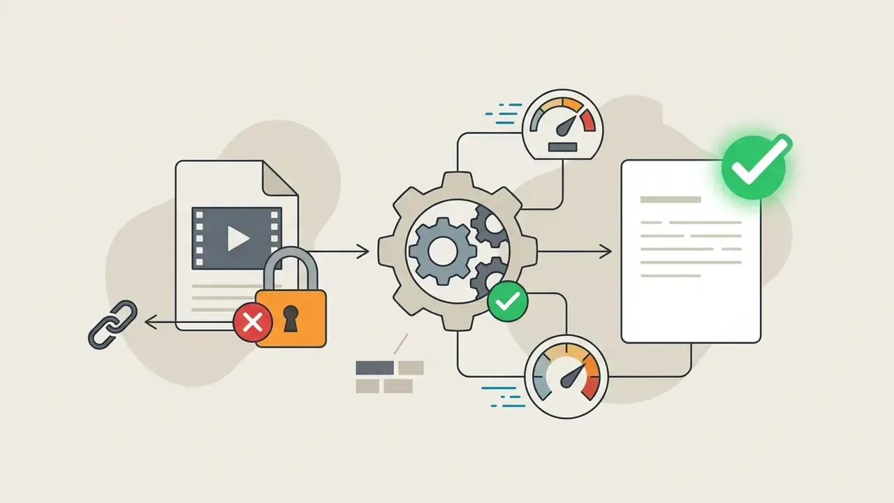 Locked video file link connecting to a central gear mechanism that outputs a verified text document