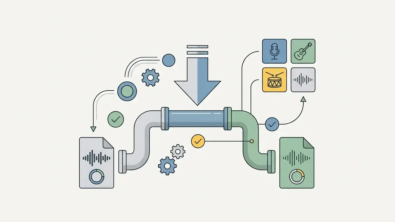 Audio file processing through a pipeline into separated instrumental and vocal track stems