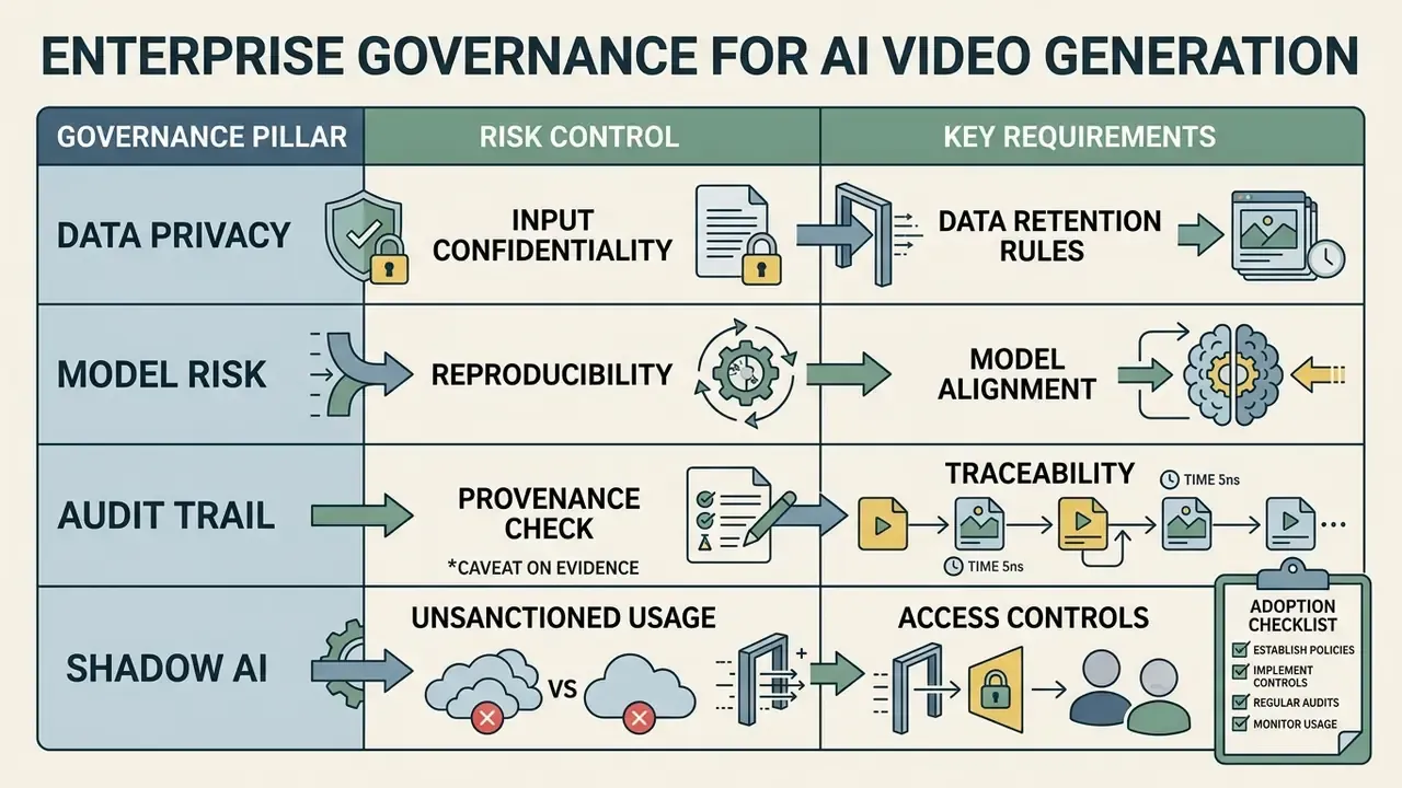 Table outlining enterprise governance pillars for AI video generation including risk controls and requirements