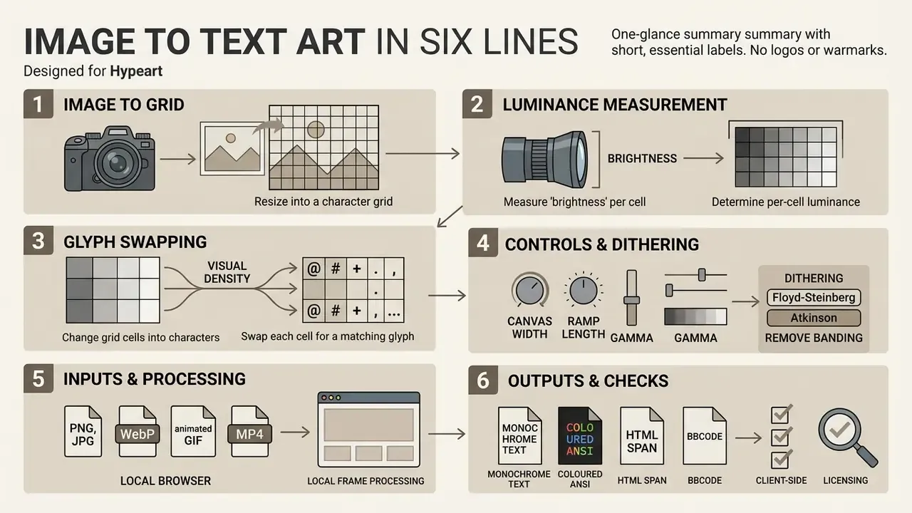 Infographic showing six steps to convert images into text art through grid mapping and character swapping