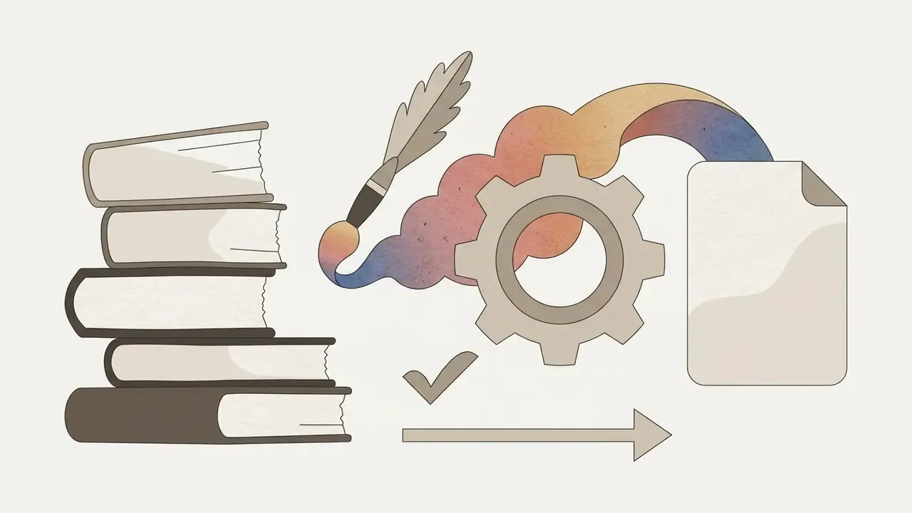 Stack of books with a quill pen, gear, and document icon representing the NightCafe AI creative process