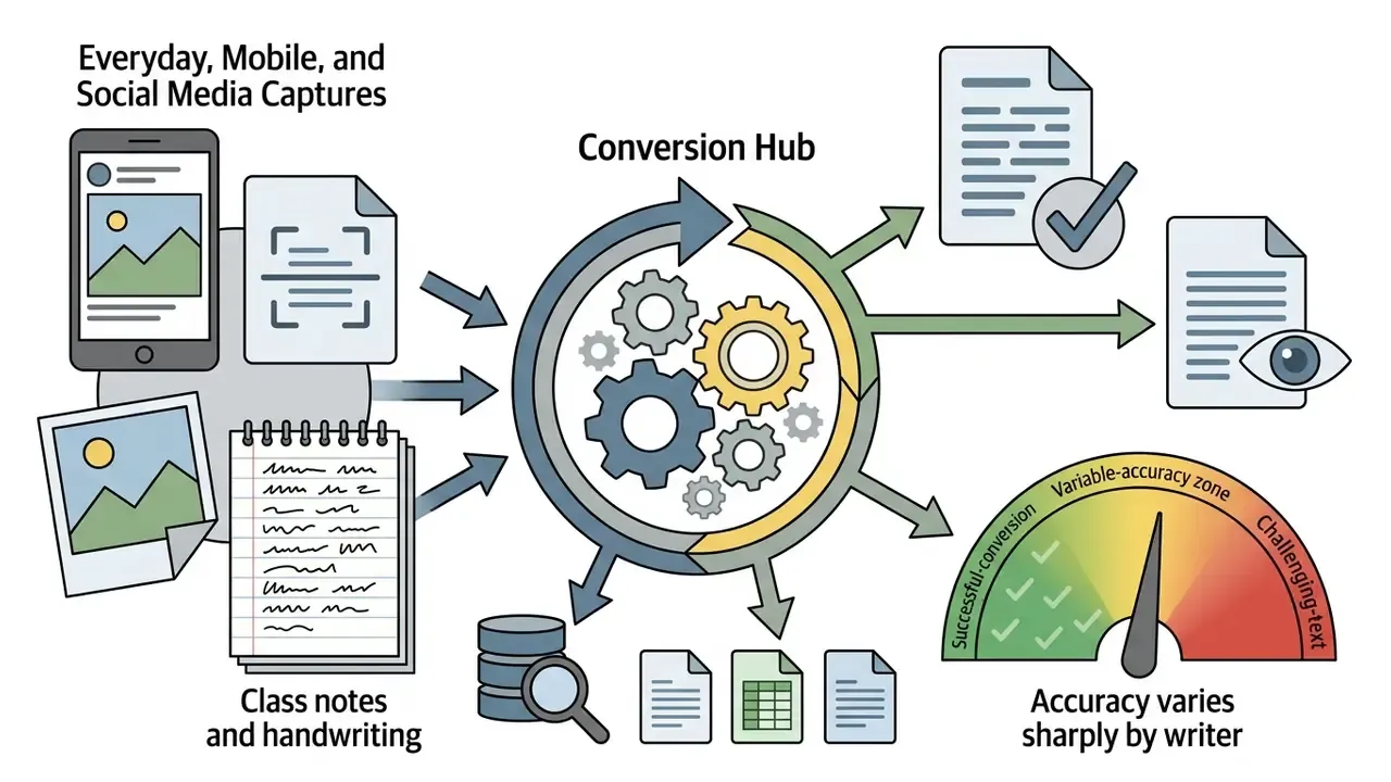 Handwritten notes and mobile captures feeding into a central gear hub with an accuracy gauge