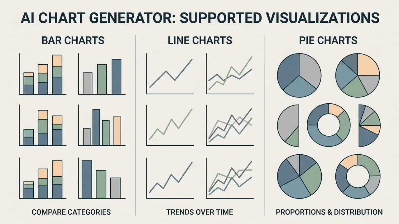 Grid of bar, line, and pie charts demonstrating common data visualization styles for an AI graph generator