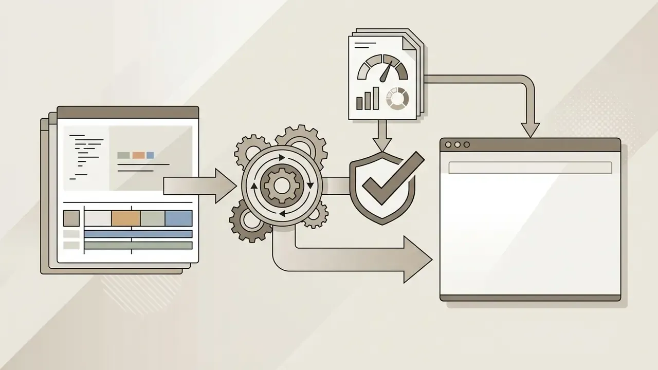 Timeline project data passing through rotating gears and a checkmark shield into a clean display window