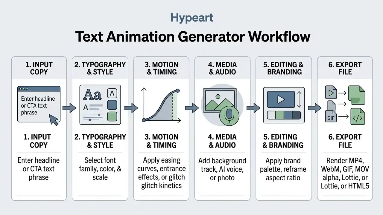 Six sequential steps outlining the production process from text input to final file export