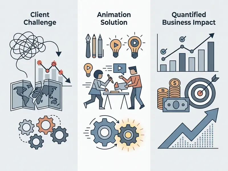 Three column layout showing project challenges, creative solutions, and measurable business results
