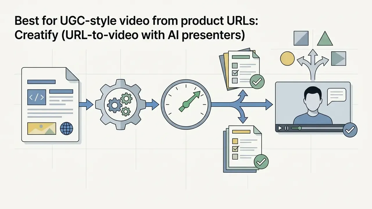 Process diagram showing a URL converting into an AI-generated video presenter with checked documents