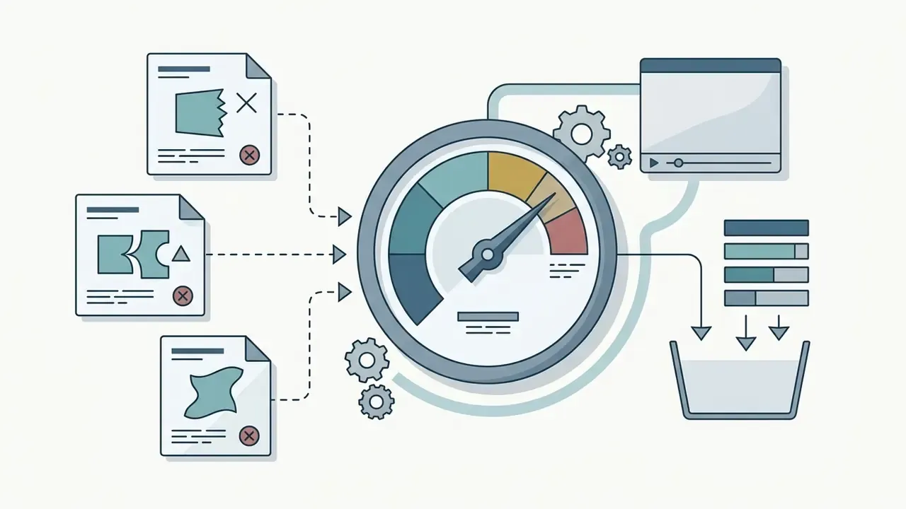 Icons of flawed shapes feeding into a gauge that tracks error frequency and outputs video analysis data