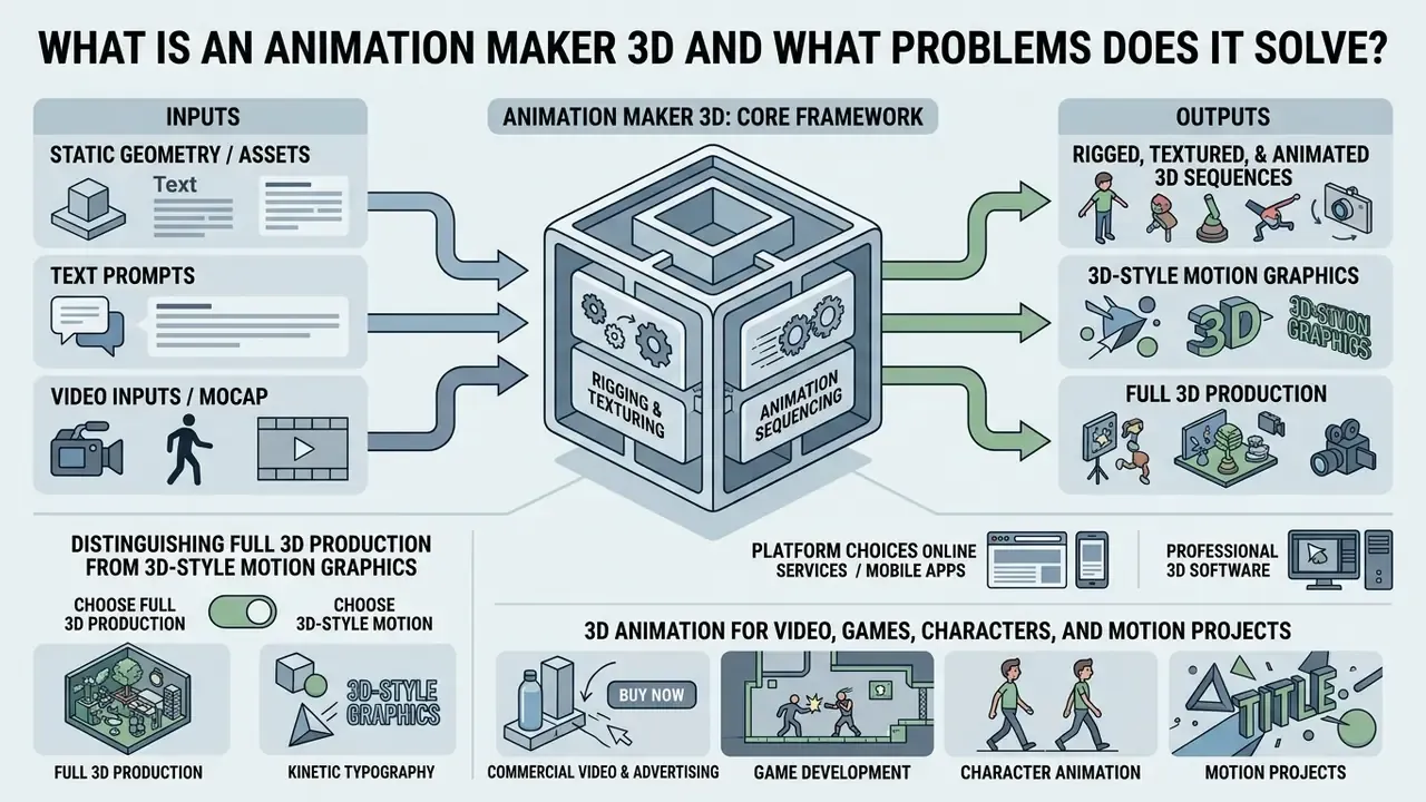 Diagram showing how inputs like text and video are processed into 3D animations and motion graphics