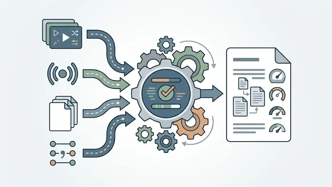 Multiple media sources feeding into a central processing gear that outputs a document with performance metrics
