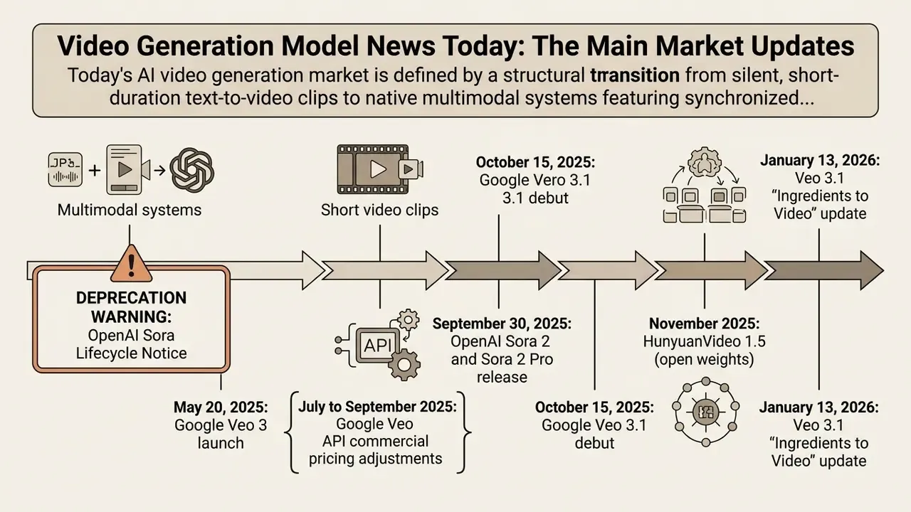 Timeline infographic showing key milestones and deprecation warnings for major AI video generation models
