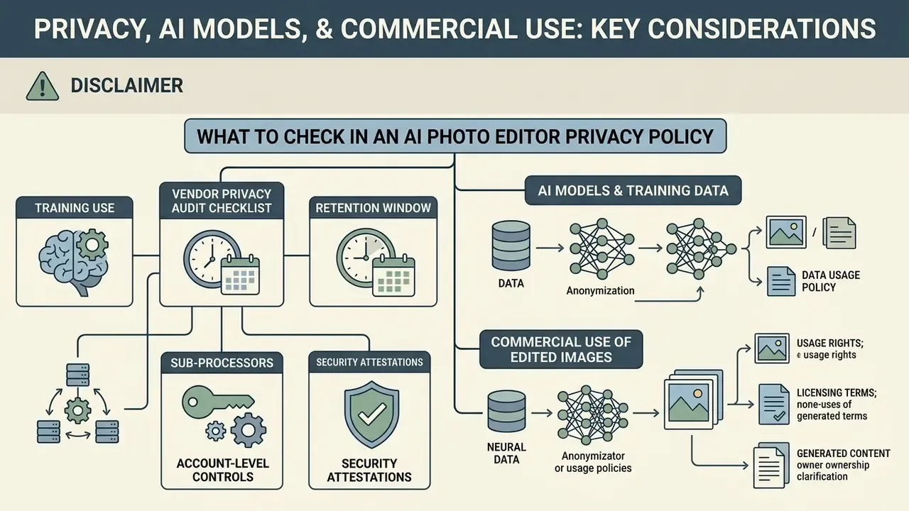 Flowchart outlining privacy policy checks for AI tools including data training, retention, and usage rights