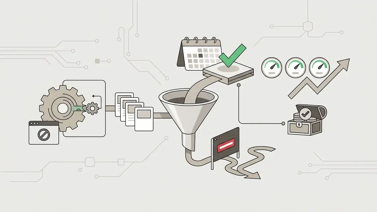 Gear mechanism feeding documents into a funnel that separates approved marketing assets from restricted content