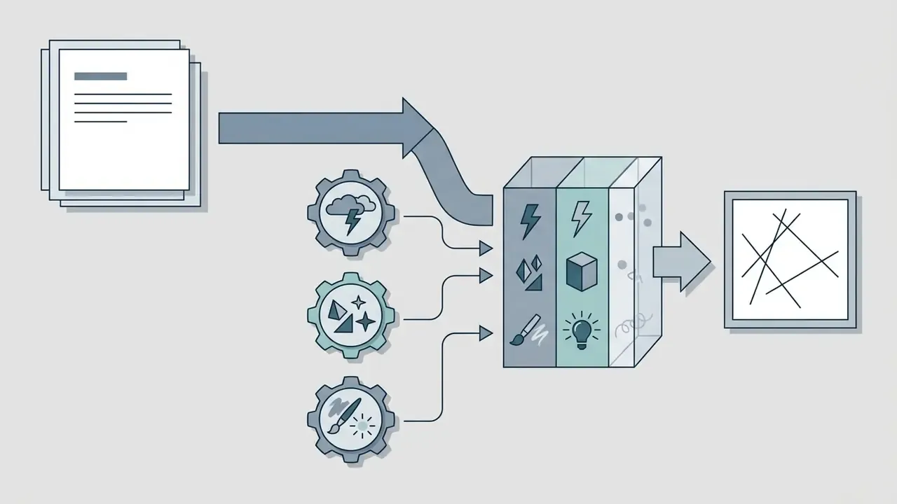 Text prompt and style gear icons feeding into a multi-layered processor to generate a geometric image