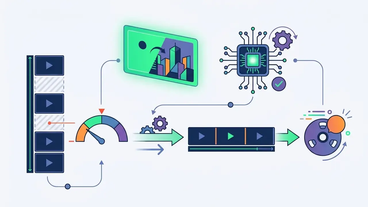 Diagram showing AI tools analyzing video clips to remove silent pauses and streamline the editing process
