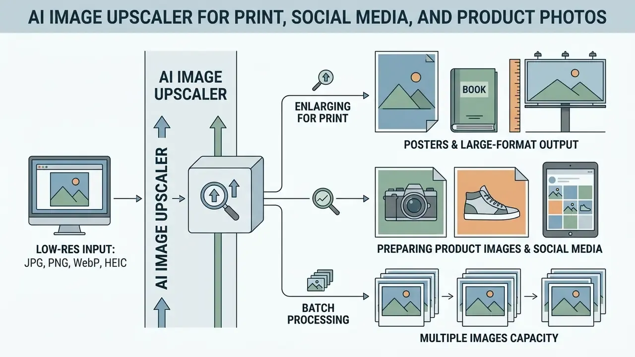 Workflow diagram showing low-resolution files processed for print, product photography, and batch tasks