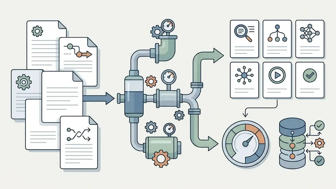 Files flowing into a central pipe system connected to processing icons and a performance speedometer