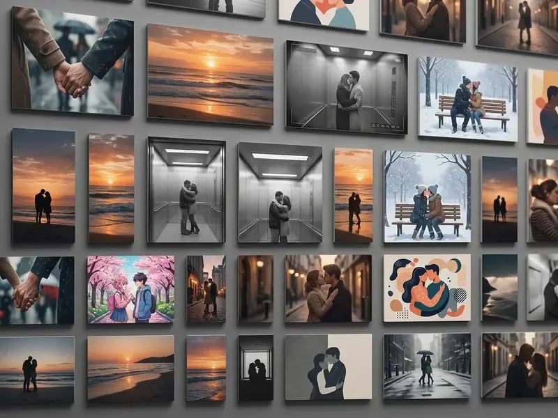 Grid of diverse romantic scenes including sunset beaches, snowy parks, and elevator embraces