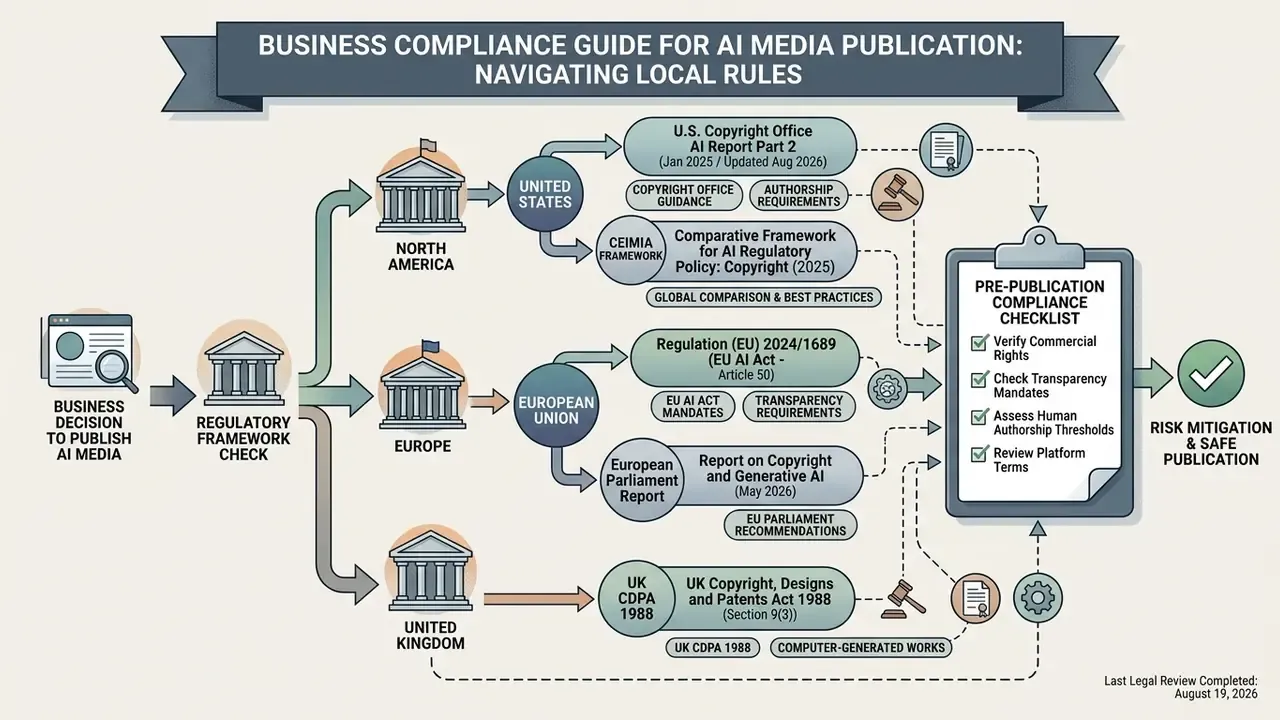 Flowchart mapping international legal sources to a pre-publication compliance checklist for AI media