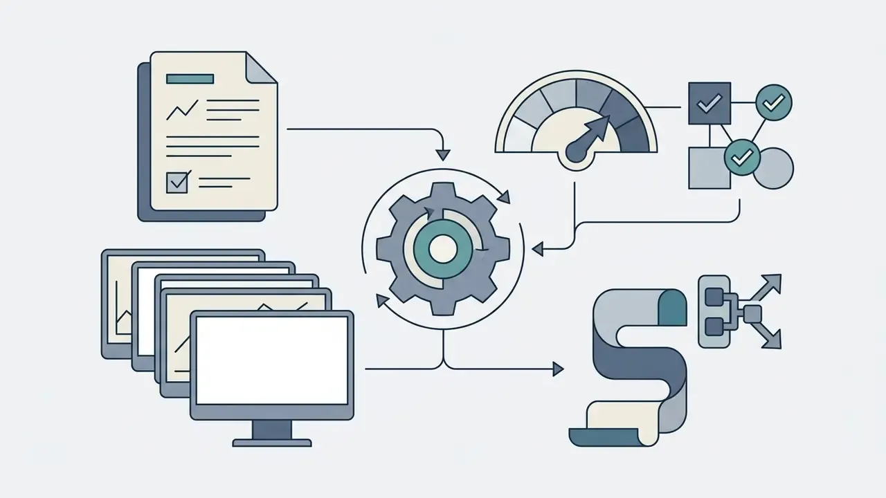 Central gear icon connecting document inputs, computer screens, a performance gauge, and output streams