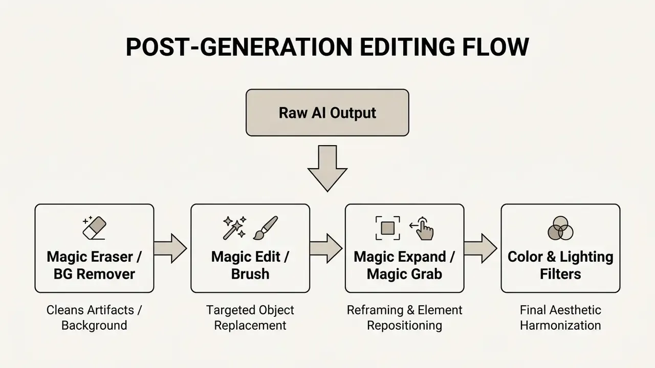 Flowchart illustrating the sequential steps for refining Canva AI generated images through post-editing tools