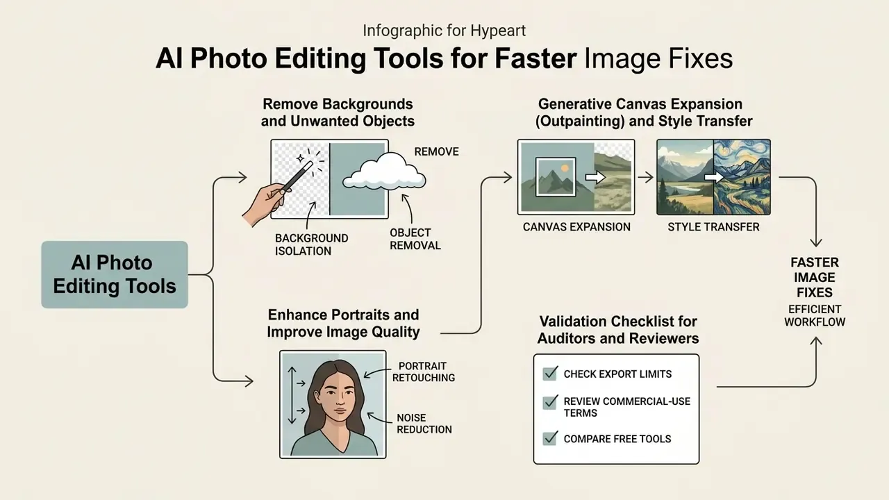 Diagram showing AI processes for background removal, canvas expansion, portrait retouching, and validation