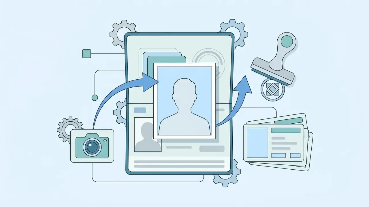Camera and identity cards surrounding a document with a person silhouette and a rubber stamp