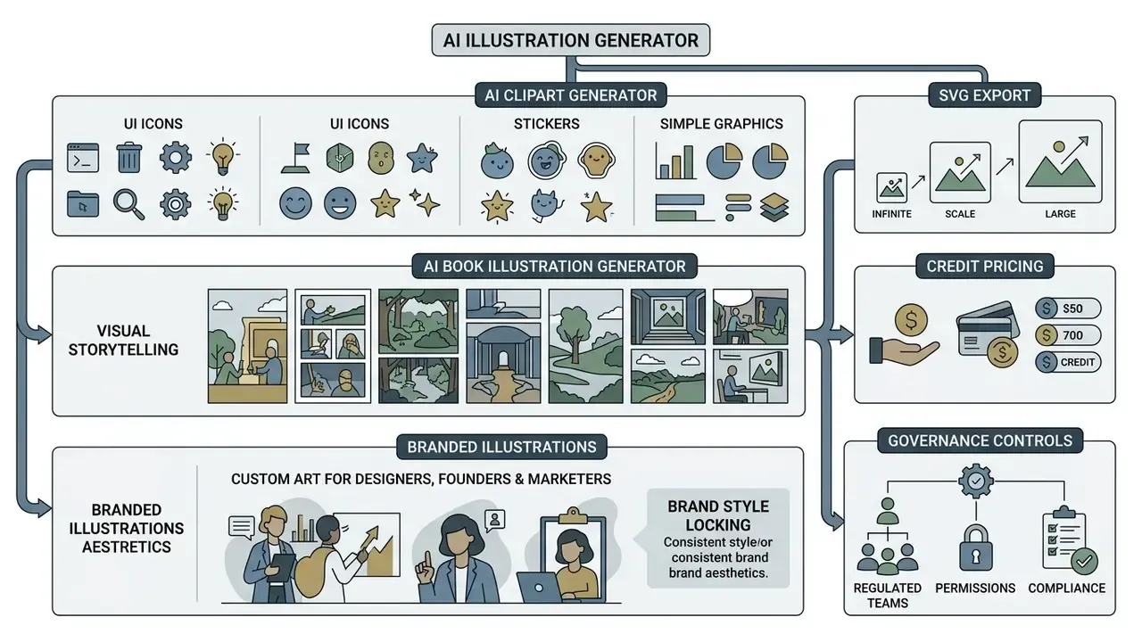 Overview of creative outputs ranging from UI icons and story panels to branded corporate assets