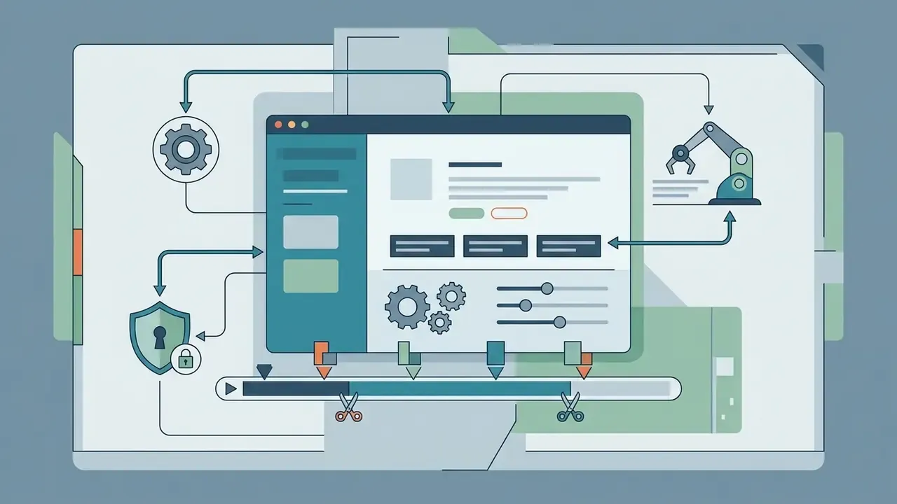 Software interface showing video editing timeline with scissors icons, gear settings, and security shields