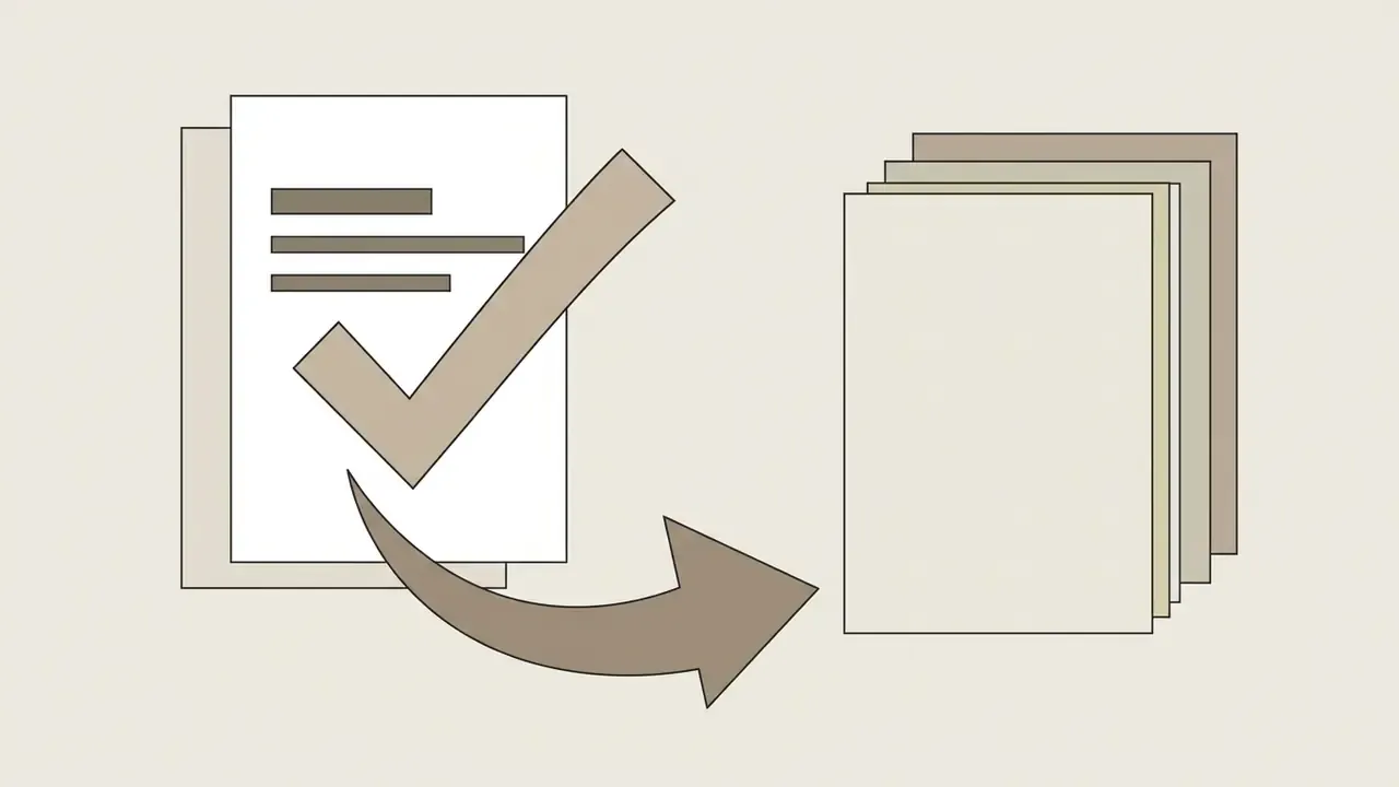 A checked document being moved by an arrow into a stack of organized papers