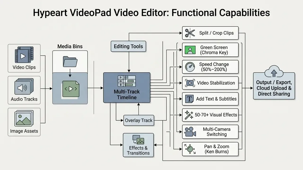 Flowchart illustrating VideoPad functional capabilities from media import to editing and final export