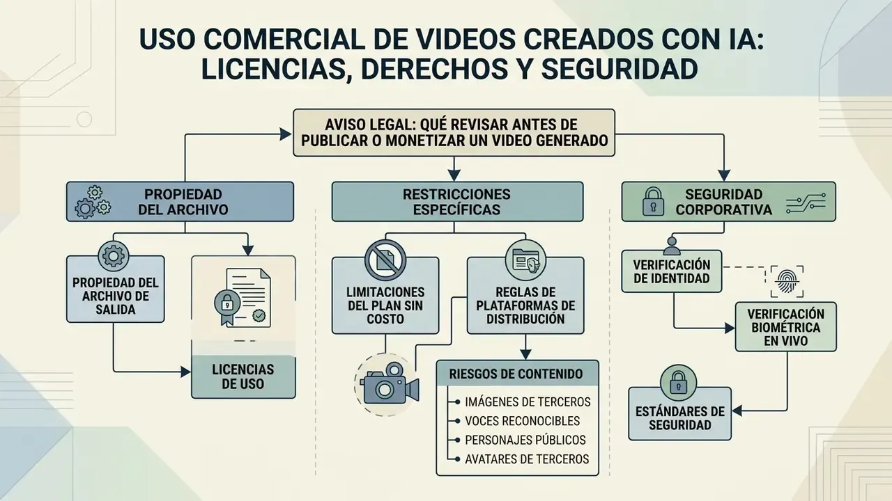 Flowchart outlining legal, licensing, and security considerations for commercial AI video production