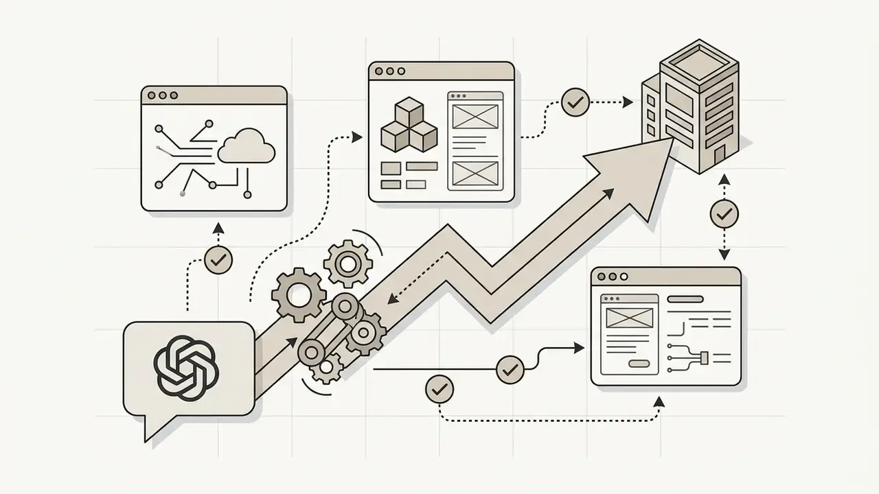 AI model processing prompts through gears to build web applications and deploy them to an enterprise server