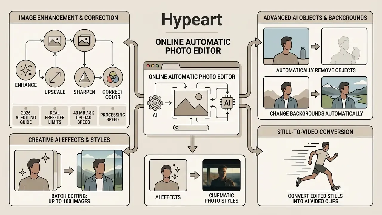 Flowchart detailing AI photo editing features like enhancement, background removal, and video conversion