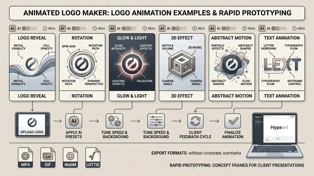 Infographic showing logo animation styles and a workflow for using an animated logo maker