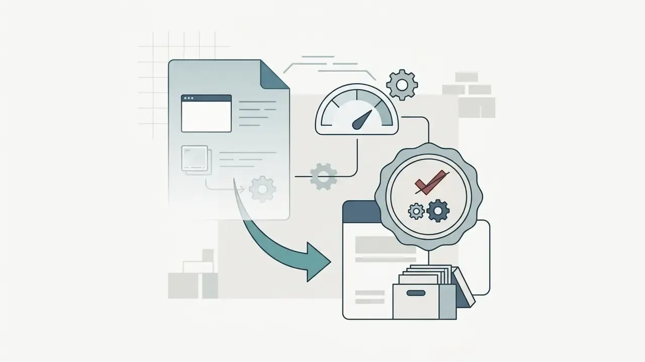 Web browser interface document flowing toward a folder with a gear and a checkmark seal