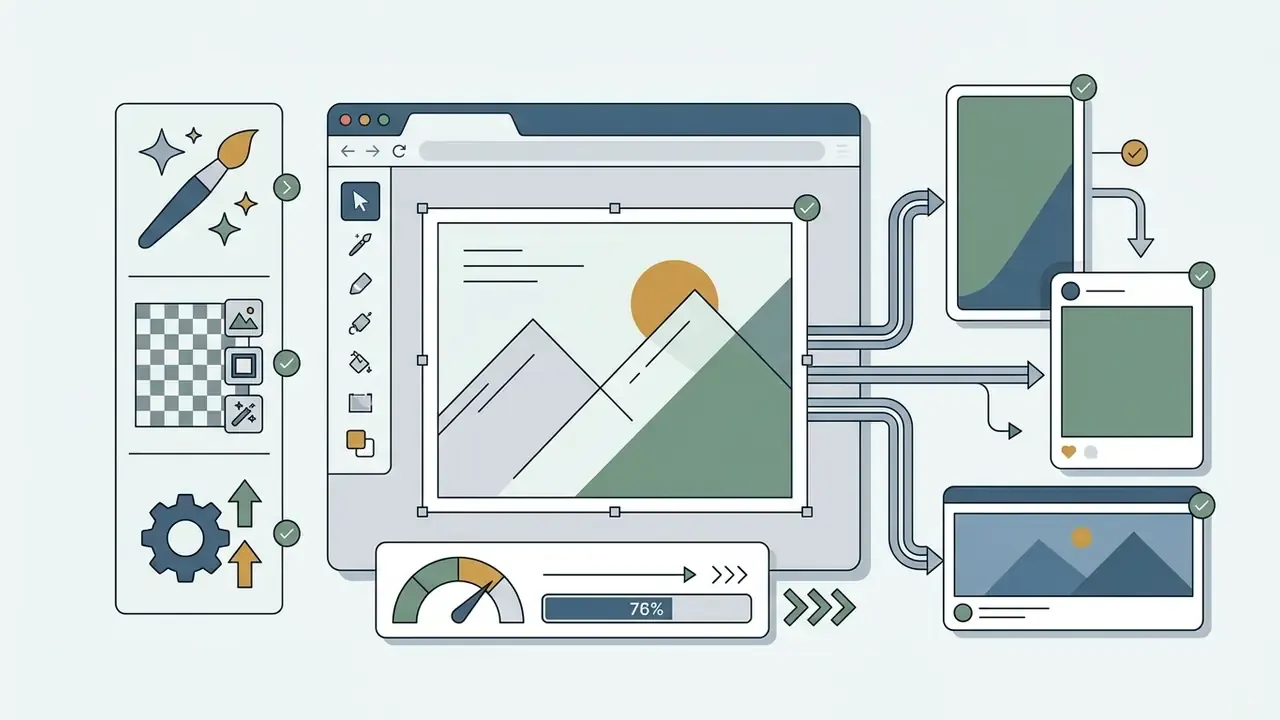 Browser editor interface with design tools and progress bar exporting images to social media formats