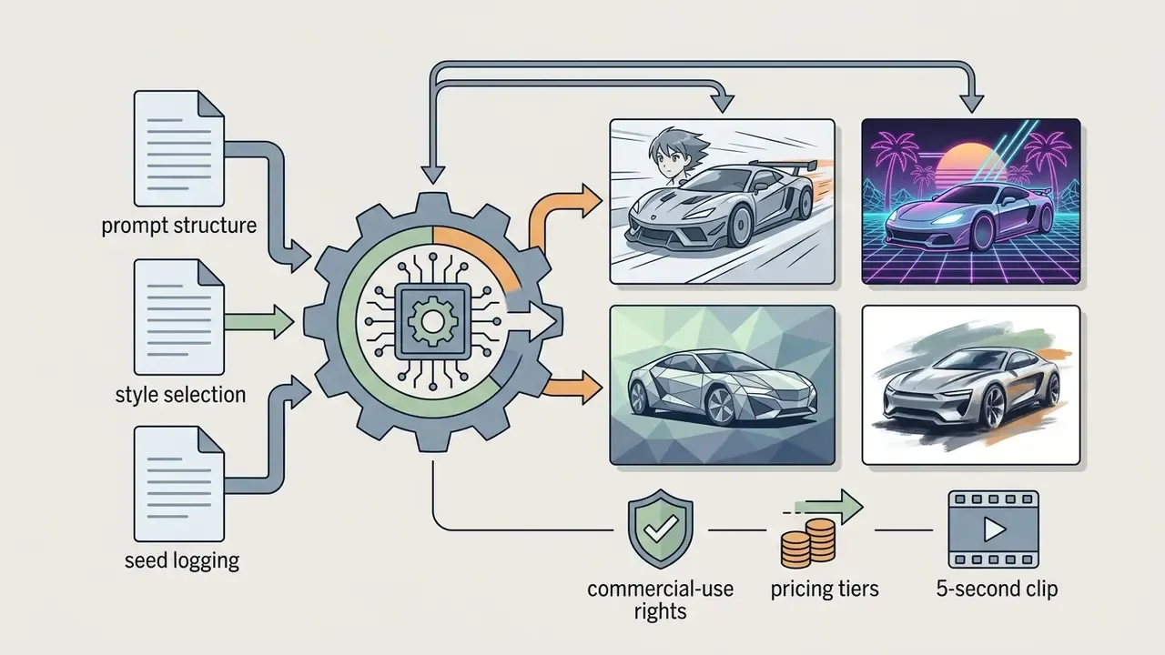 Central gear processing text prompts and style inputs into diverse stylized car images and video clips