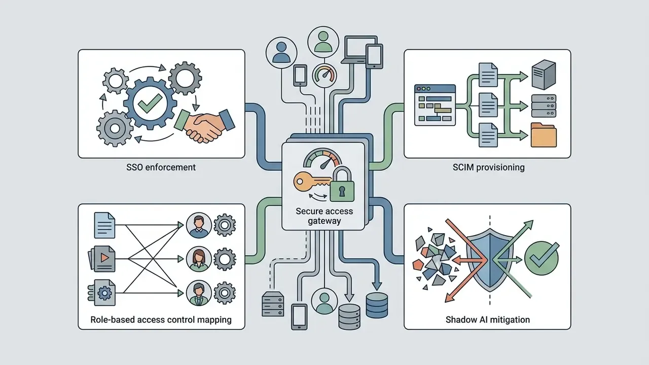 Secure access gateway connecting identity controls like SSO, SCIM, and role-based mapping to shield data