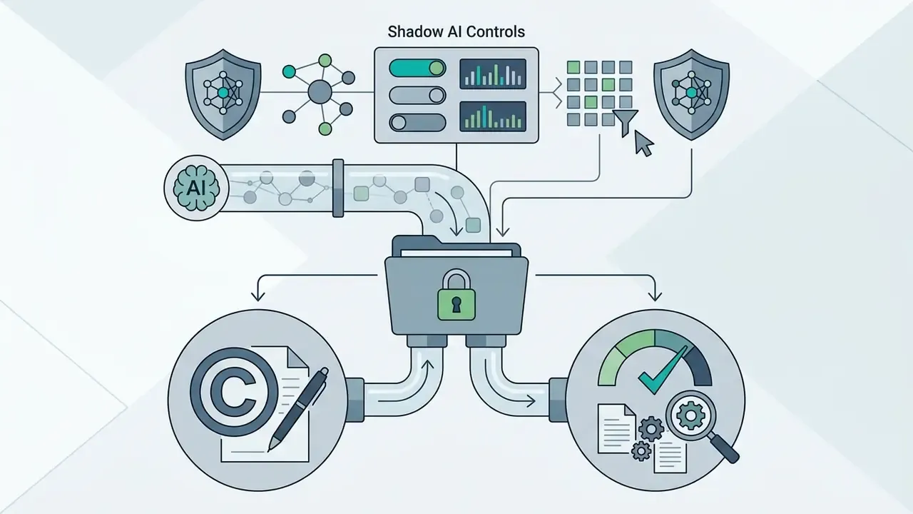 Data flow from an AI engine into a locked folder, branching out to copyright and audit review icons