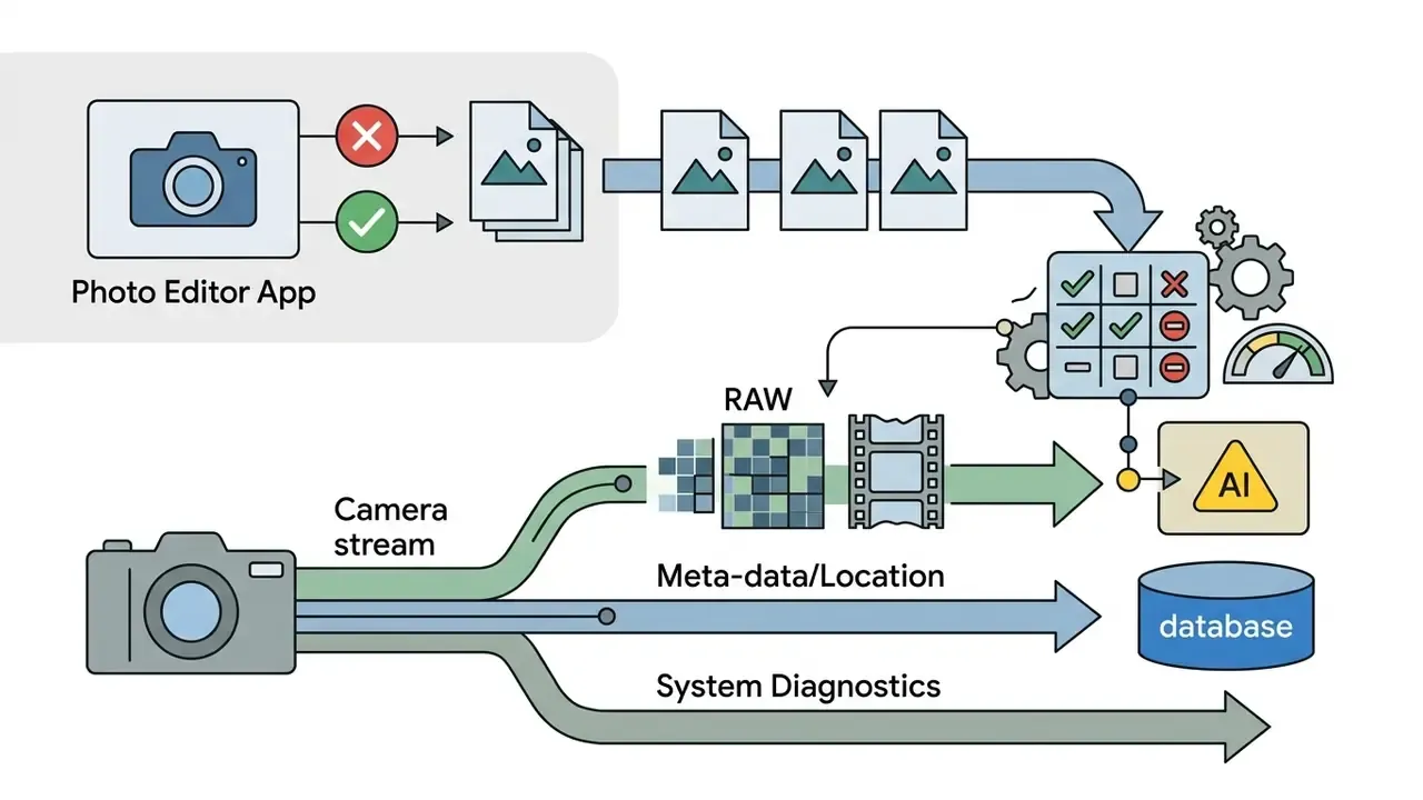 Flowchart showing camera streams and app data routed through processing filters to AI and databases