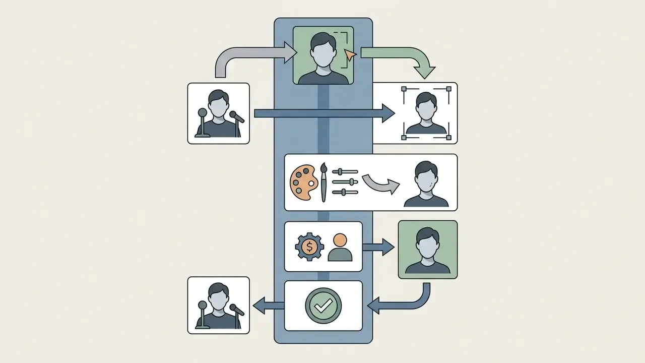 Icons showing steps for object removal, manual retouching, and professional edits to a portrait