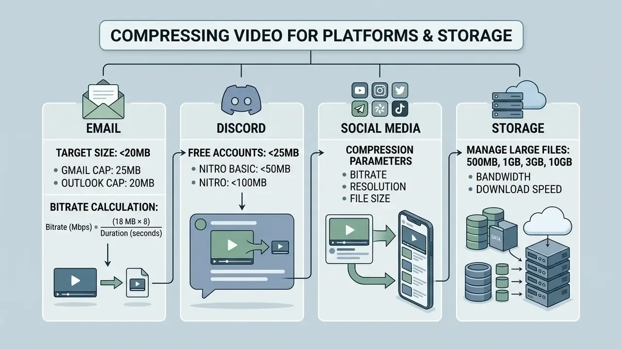 Diagram detailing file size limits and bitrate settings for email, Discord, social media, and cloud storage