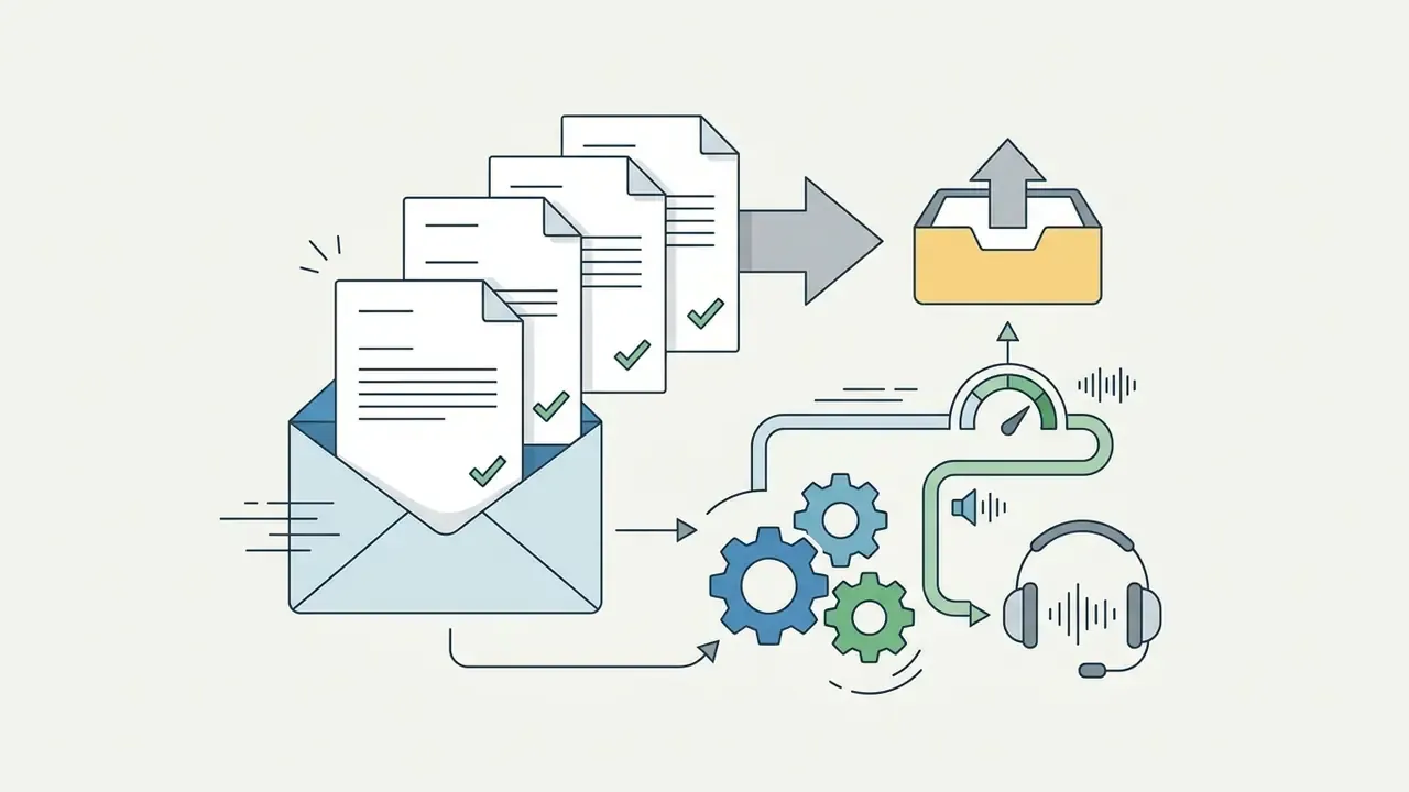 Documents emerging from an envelope into a processing system with gears, gauges, and audio headset icons