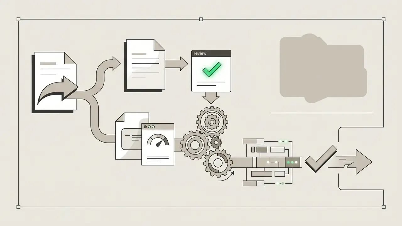 Document flow passing through review and analysis stages into a gear mechanism for final approval