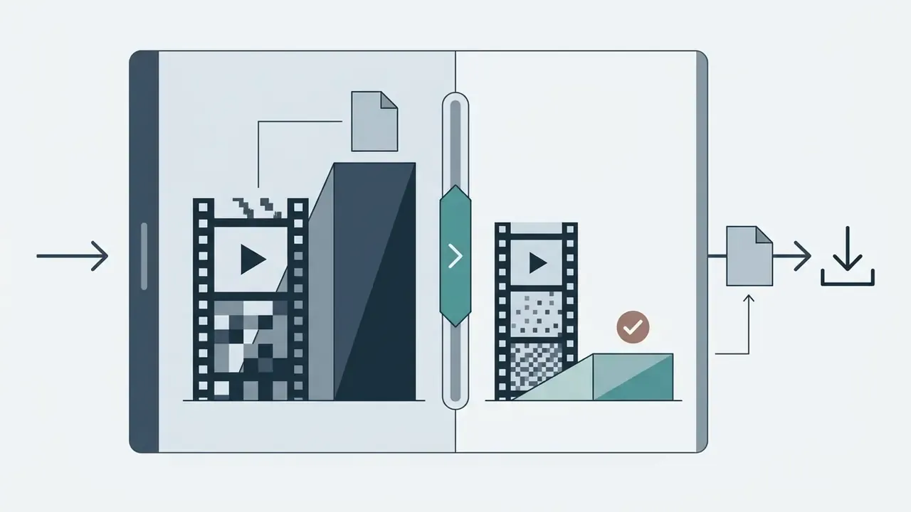 Side-by-side comparison slider showing original and compressed video files ready for download