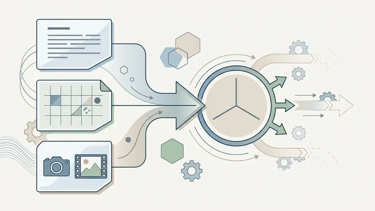 Document, grid, and media icons feeding into a central hub that processes inputs into output streams