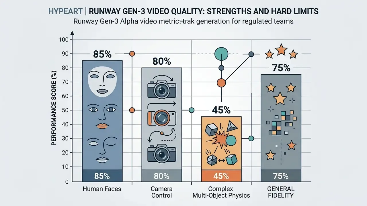 Bar chart displaying performance scores for human faces, camera control, physics, and general fidelity