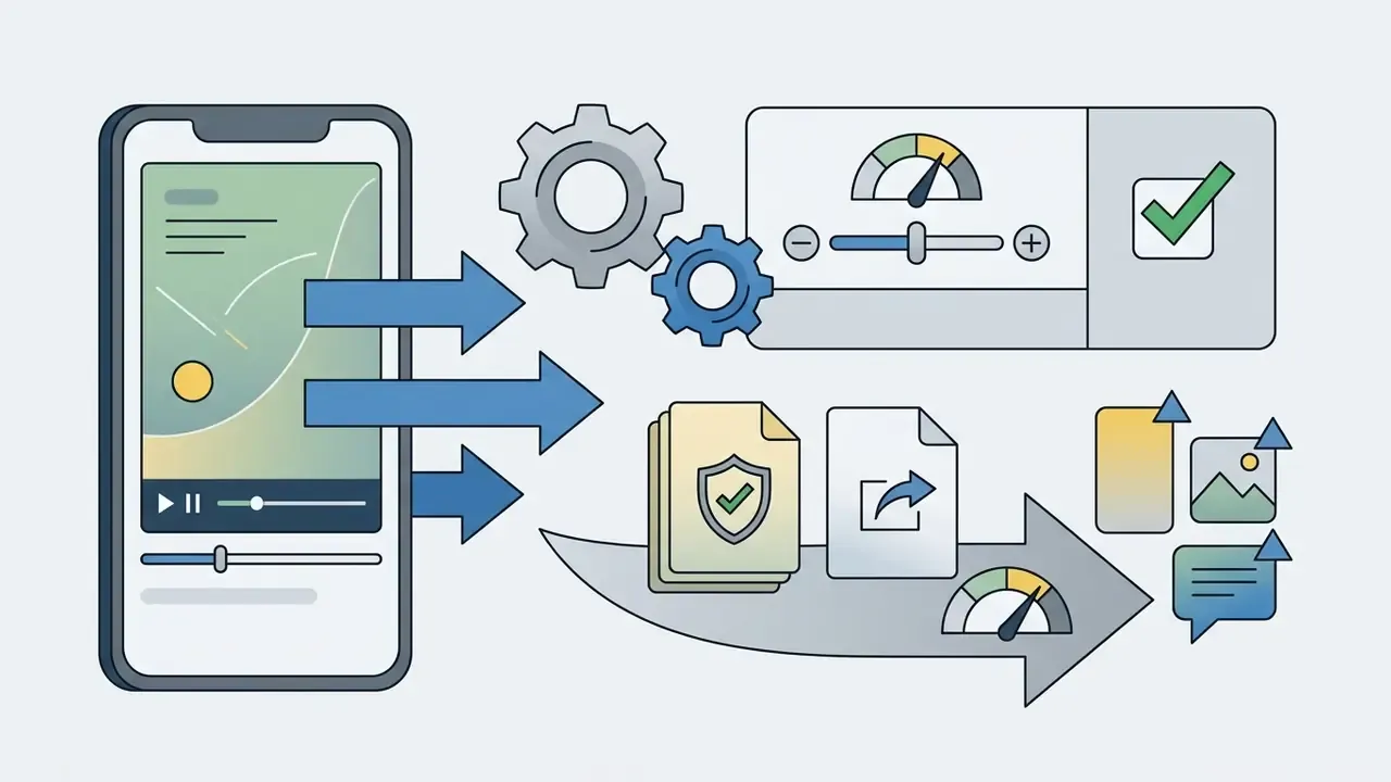 Smartphone screen exporting video files through gear systems and speed controls to social media icons