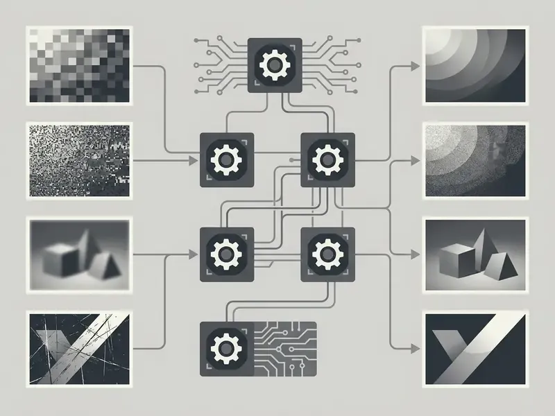 Diagram showing how ai photo enhancement tools free online process pixelated and noisy images into clean output